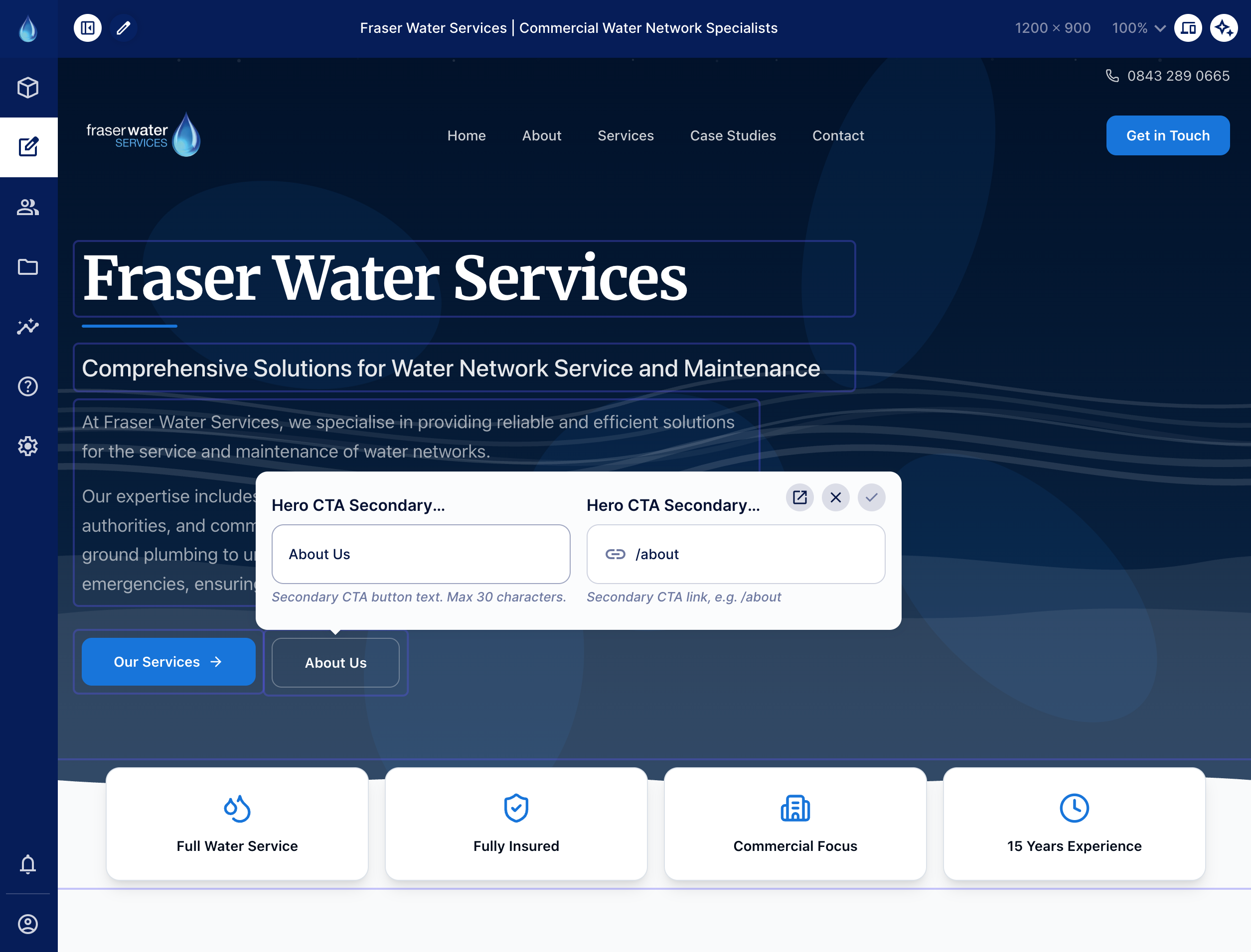 Fraser Water Services website being edited in the Directus CMS