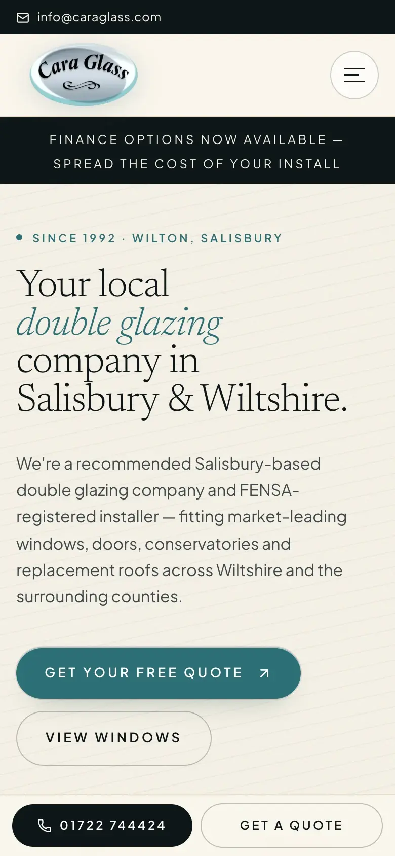 Cara Glass Ltd website on mobile