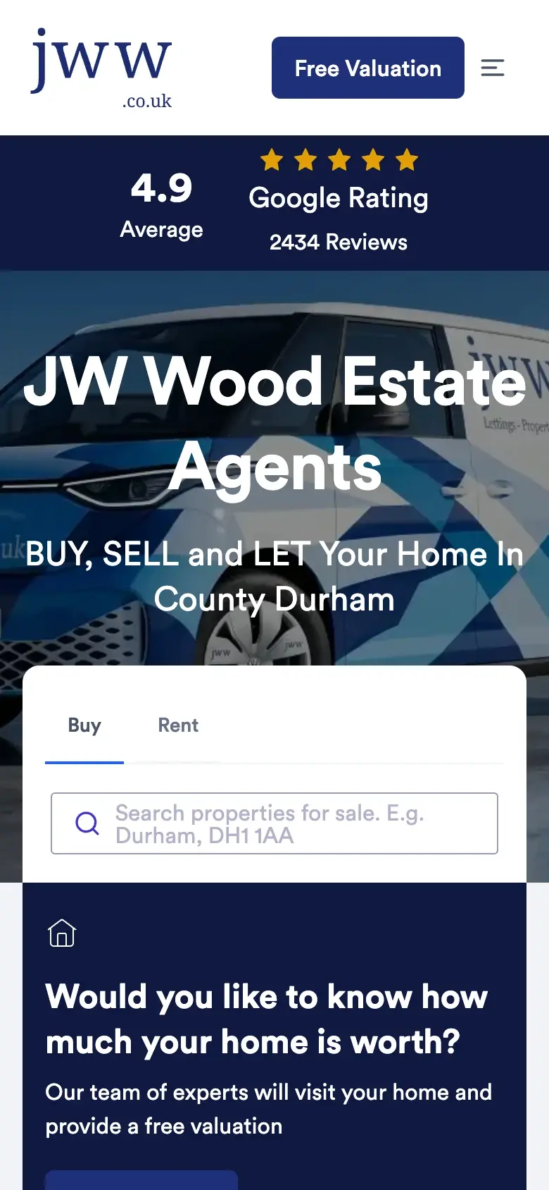 JW Wood Estate Agents website on mobile