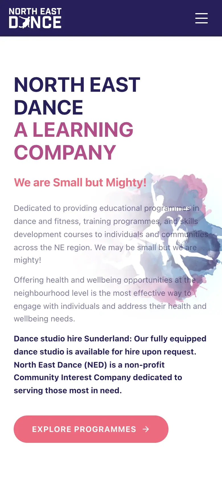 North East Dance website on mobile
