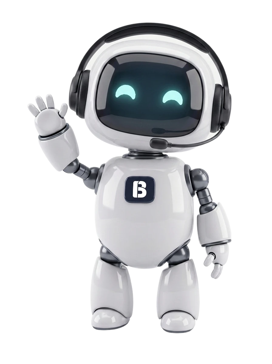 Build 76 robot mascot wearing a headset, taking a call