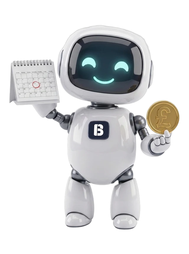 Build 76 robot mascot holding a calendar with a date circled and a pound coin