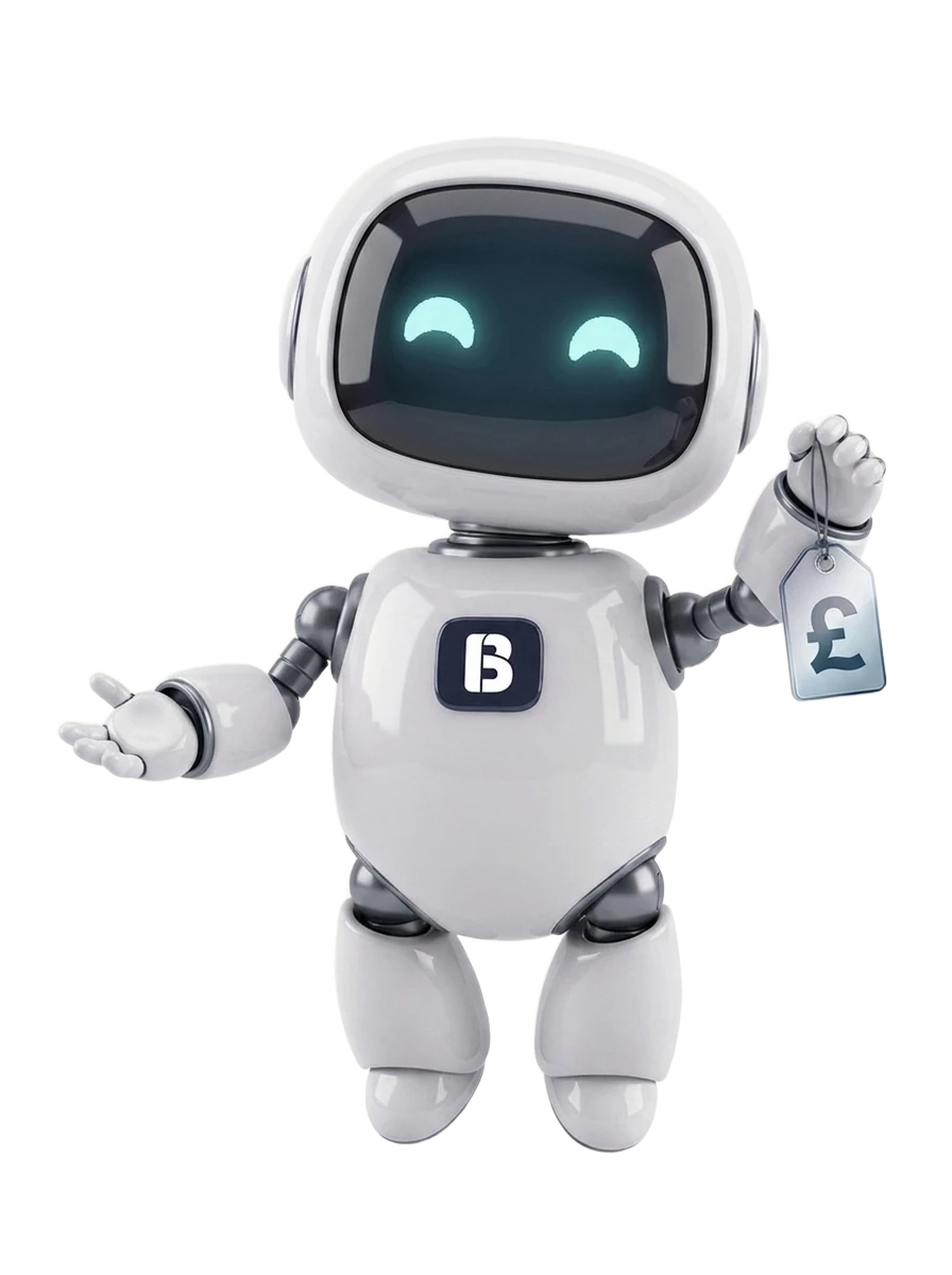 Build 76 robot mascot holding up a price tag